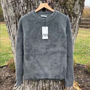 Zara Gray Fuzzy Crew Sweater